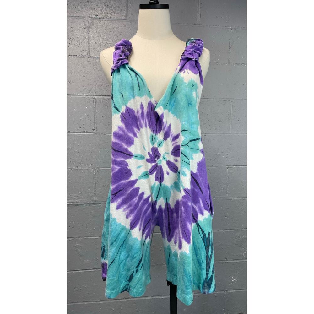 Vintage 1980s Tie Dye Jersey Knit Shorts Romper Free Size Purple Teal One Piece